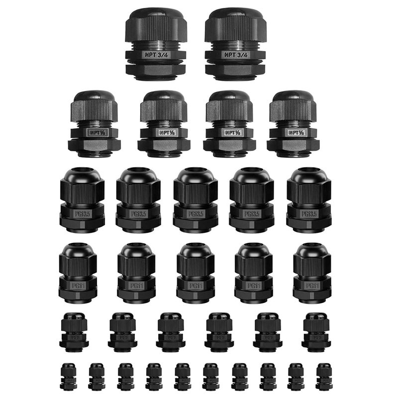 ISPINNER 32pcs Nylon Cable Gland Waterproof IP68 Adjustable 3-18mm, NPT 3/4, NPT 1/2, PG13.5, PG11, PG9, PG7 (Black) - Image 1